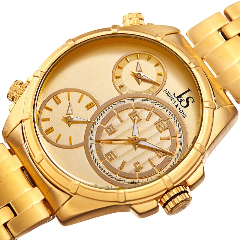 Joshua & Sons Men's Rugged Multifunction Triple Time Gold-Tone Stainless Steel Bracelet Watch