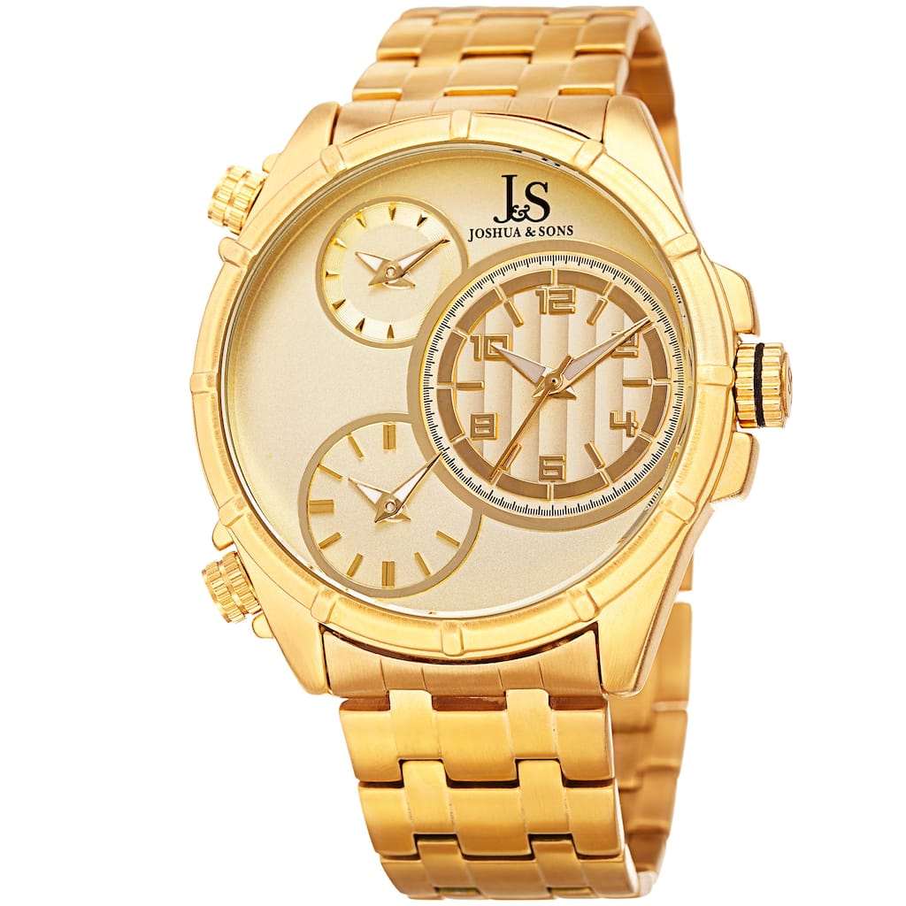 Joshua & Sons Men's Rugged Multifunction Triple Time Gold-Tone Stainless Steel Bracelet Watch