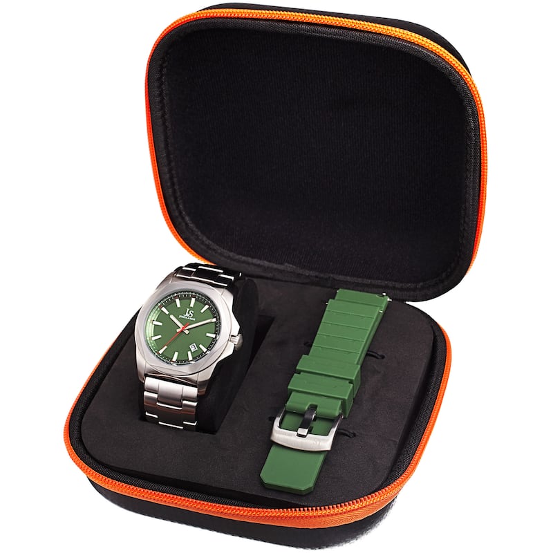 Joshua & Sons Men's Date Hexagon Beveled Case Interchangeable Silver-Tone Bracelet Green Strap Watch