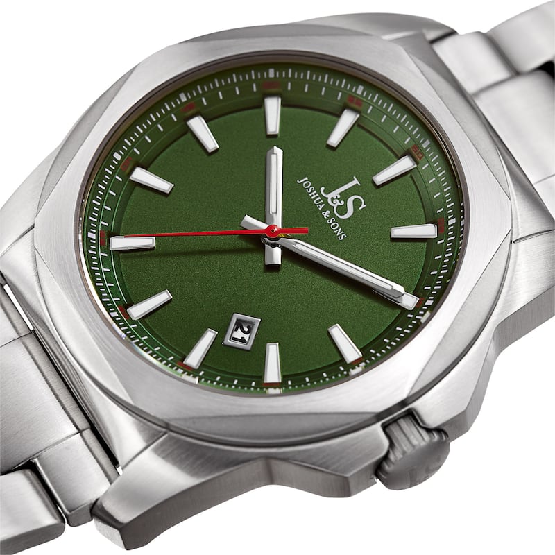 Joshua & Sons Men's Date Hexagon Beveled Case Interchangeable Silver-Tone Bracelet Green Strap Watch