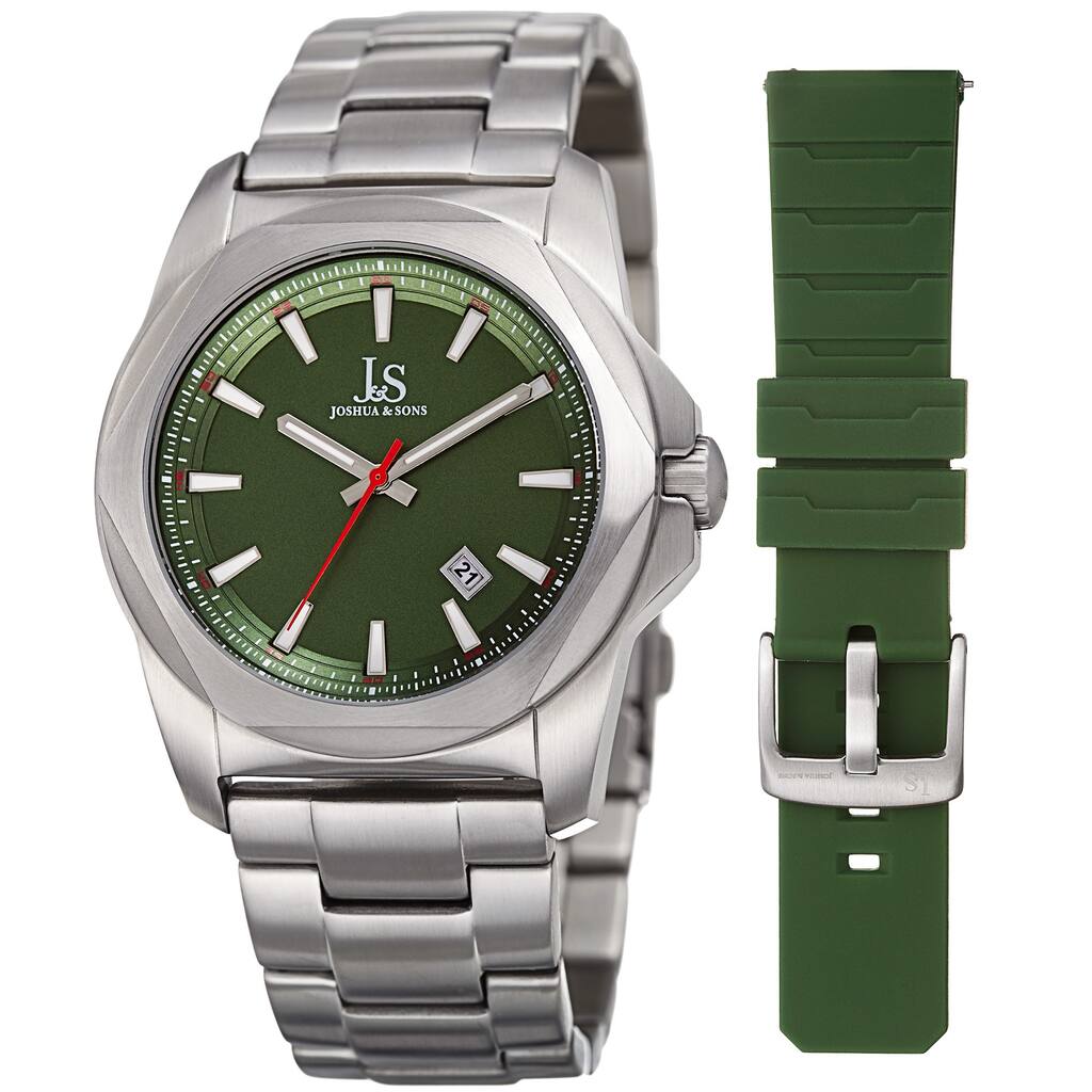 Joshua & Sons Men's Date Hexagon Beveled Case Interchangeable Silver-Tone Bracelet Green Strap Watch