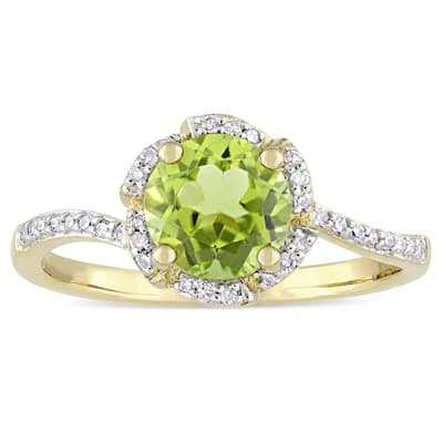 Miadora Signature Collection 14k Yellow Gold Peridot and 1/10ct TDW Diamond Round Halo Bypass Slende - Green