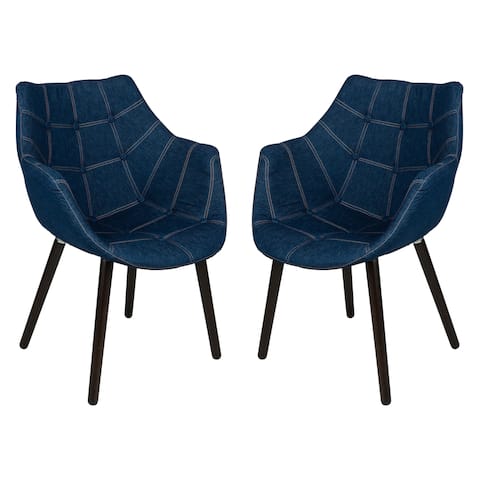 LeisureMod Milburn Tufted Denim Lounge Armchair Wooden Legs Set of 2