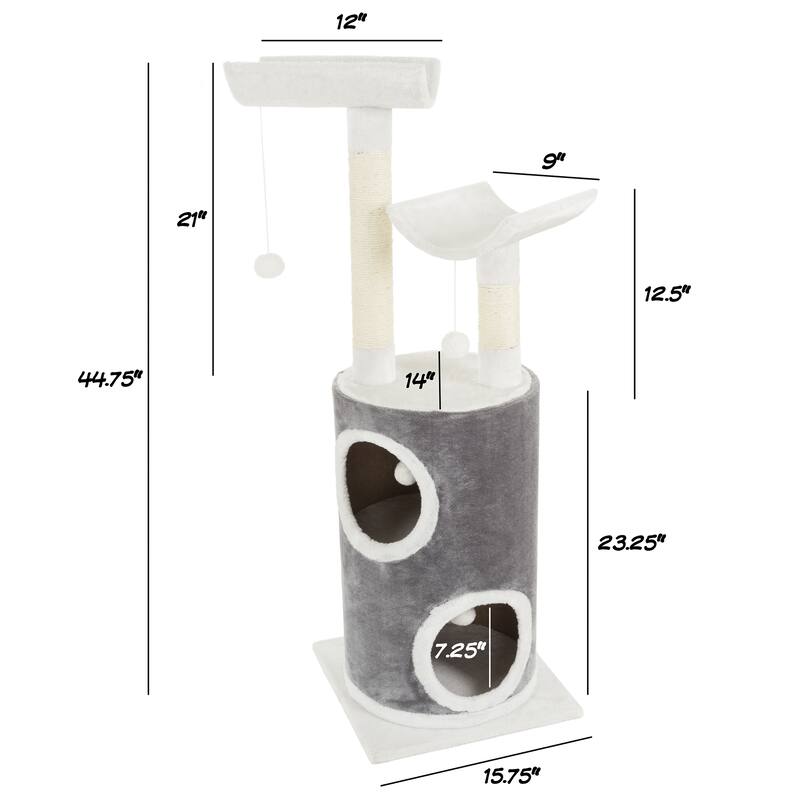5-Tier Cat Tower Tree with Napping Perches, Cat Condo, Sisal Rope Scratching Posts, Hanging Toys - 15.75” x 15.75” x 44.75”