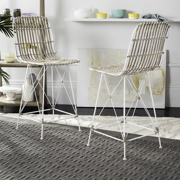 SAFAVIEH 23.6 Inch Minerva Wicker White Wash Counter Stool Set