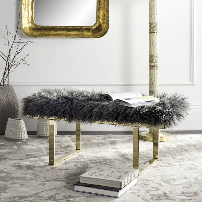SAFAVIEH Maia Grey Faux Sheepskin Bench - 38" x 18" x 17.3"