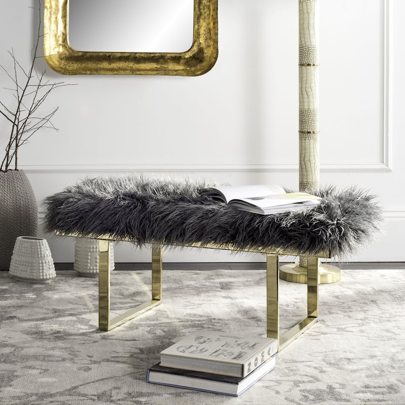 SAFAVIEH Maia Grey Faux Sheepskin Bench - 38" x 18" x 17.3"
