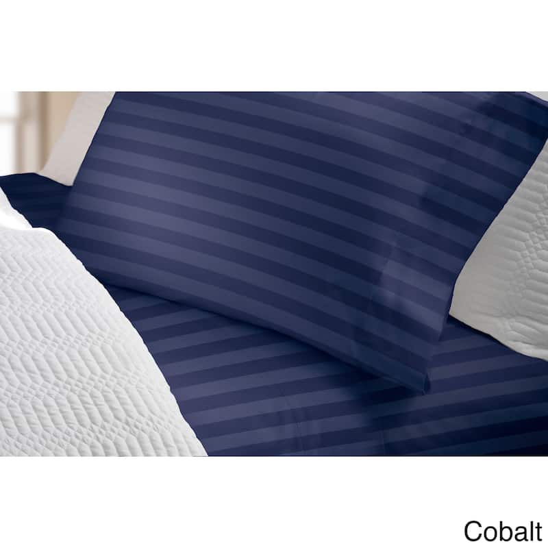 300 Thread Count Cotton Damask Stripe Bed Sheet Set - Navy - Full