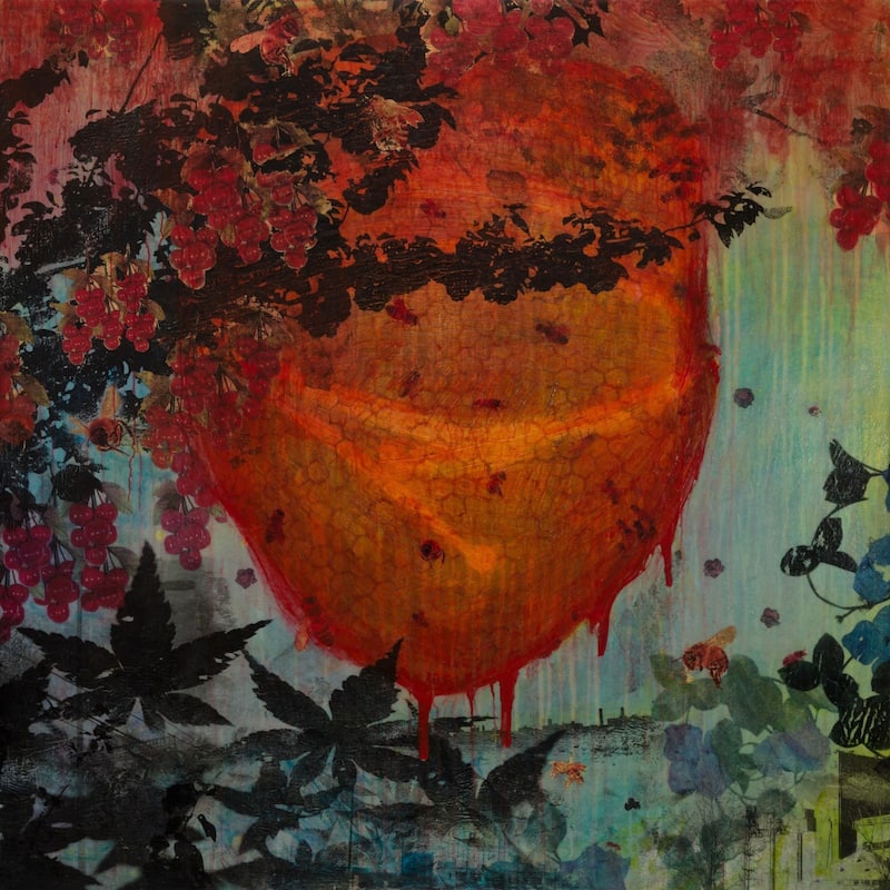 Marmont Hill - 'Bee Hive in Motion' by Tracy Silva Barbosa Painting Print on Wrapped Canvas - Orange