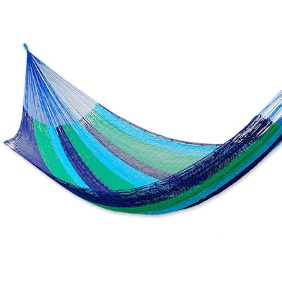 Handmade Double Cotton Hammock, 'Ocean Dreams' (Mexico)