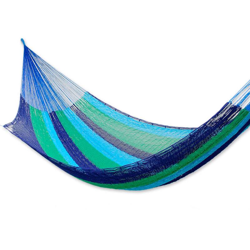 Handmade Double Cotton Hammock, 'Ocean Dreams' (Mexico) - Hammock