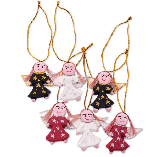 Handmade Set of 6 Wood Ornaments, 'Angel Troupe' (Indonesia)