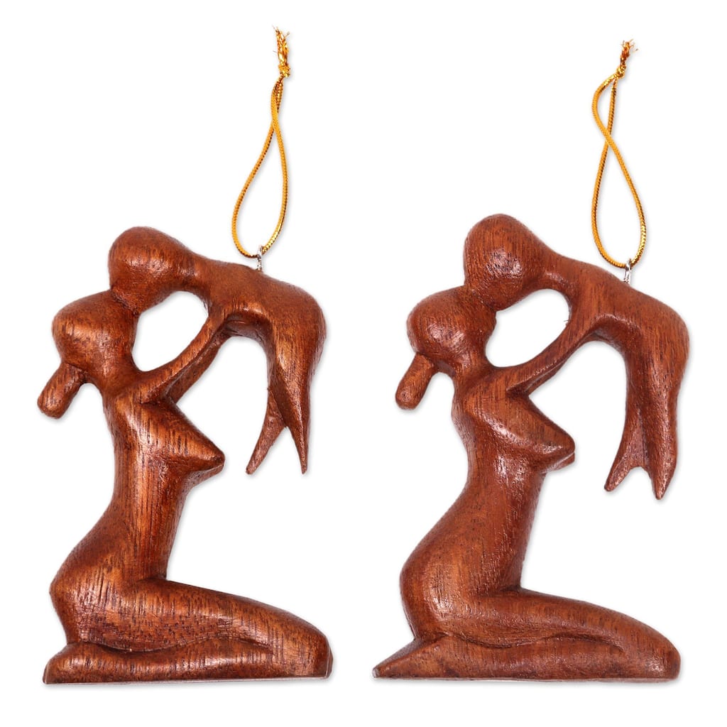 Handmade Pair Wood Ornaments, 'Gentle Touch of A Mother' (Indonesia) - 3.9" H x 2.6" W x 0.8" D