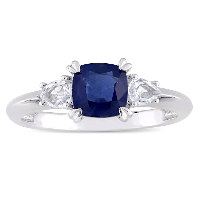 Miadora Signature Collection 14k White Gold Cushion-Cut Blue Sapphire and Pear-Cut White Sapphire 3-Stone Engagement Ring