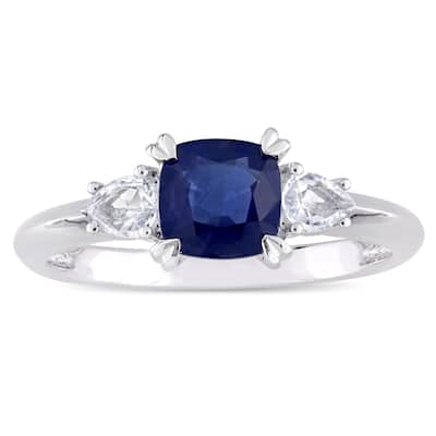 Miadora Signature Collection 14k White Gold Cushion-Cut Blue Sapphire and Pear-Cut White Sapphire 3-Stone Engagement Ring