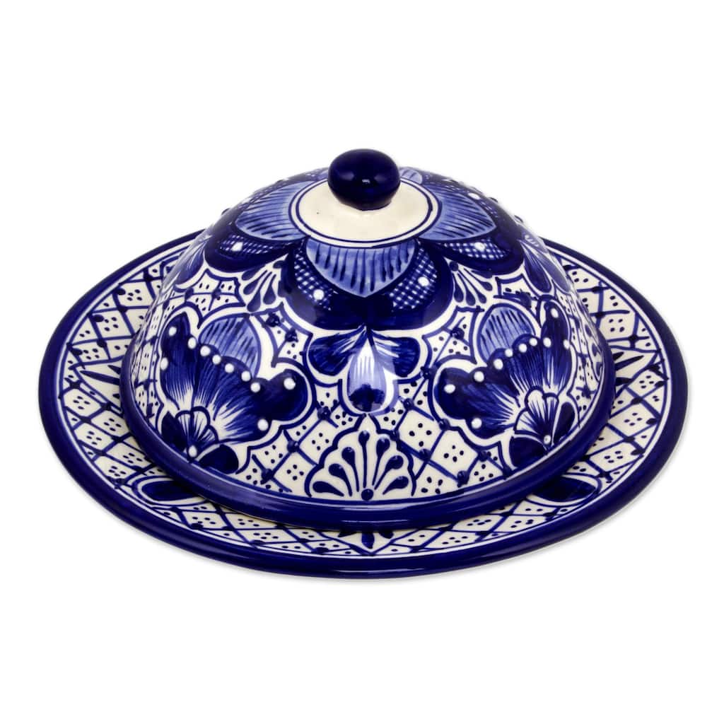 Handmade Ceramic Covered Cheese Plate, 'Blue Guanajuato' (Mexico)