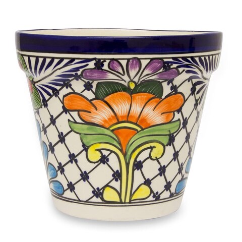 NOVICA Handmade Wild Flowers Ceramic Flower Planter (Mexico) - 7 inches high x 7.75 inches in diameter
