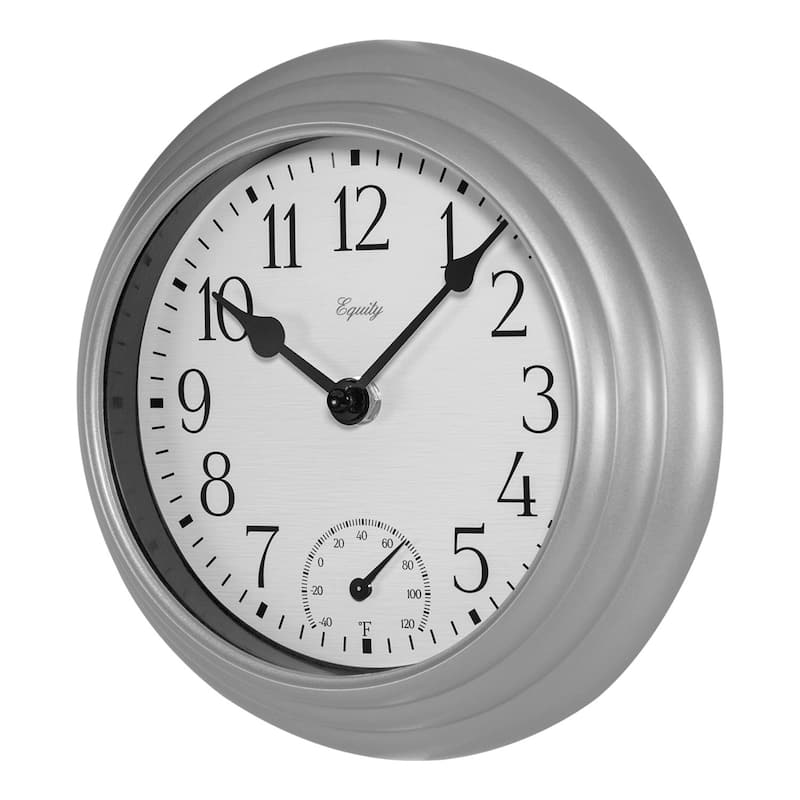 Equity by La Crosse 8 Inch In/Out Thermometer Metallic Silver Wall Clock