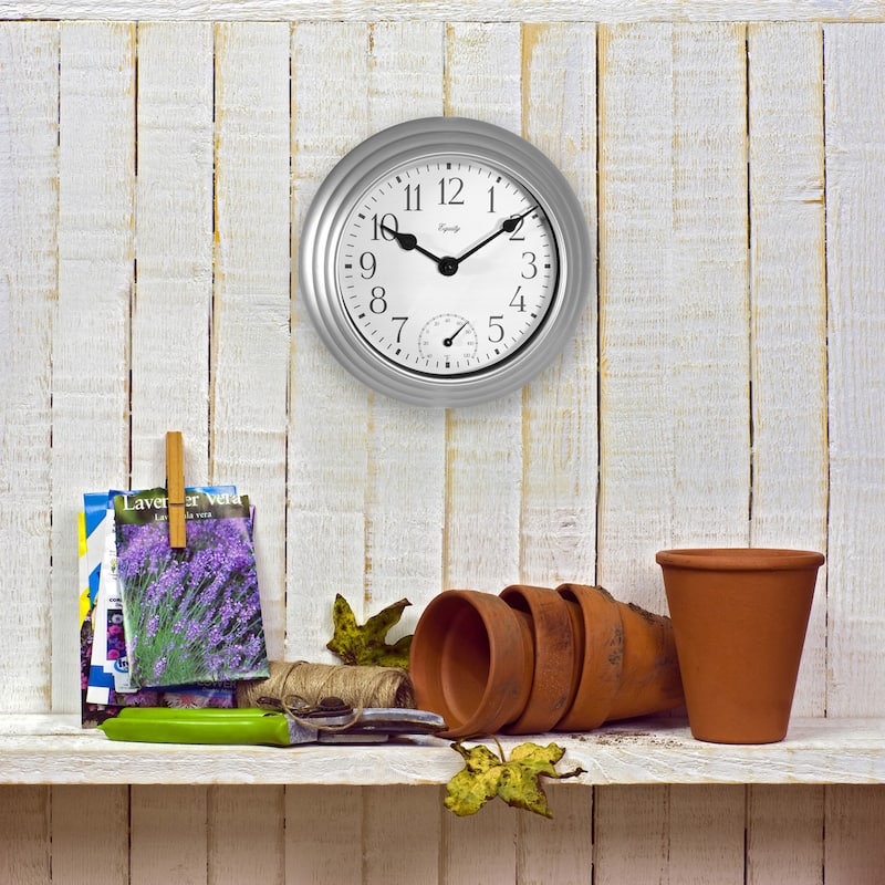 Equity by La Crosse 8 Inch In/Out Thermometer Metallic Silver Wall Clock