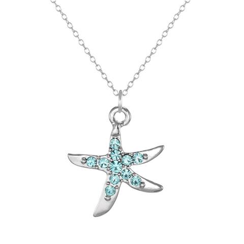 Handmade Jewelry by Dawn Small Aqua Rhinestone Pewter Starfish with Sterling Silver Cable Chain Necklace (USA)