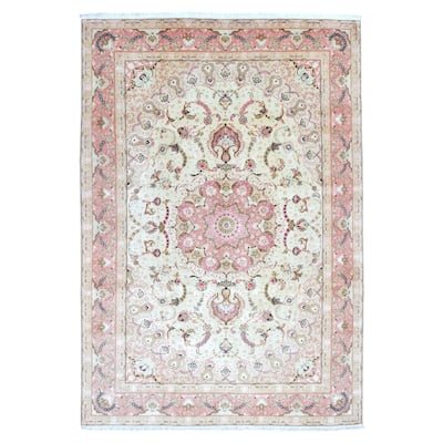 FineRugCollection Hand Knotted Extra Fine Persian Tabriz Pink Wool Oriental Rug with Silk Flowers
