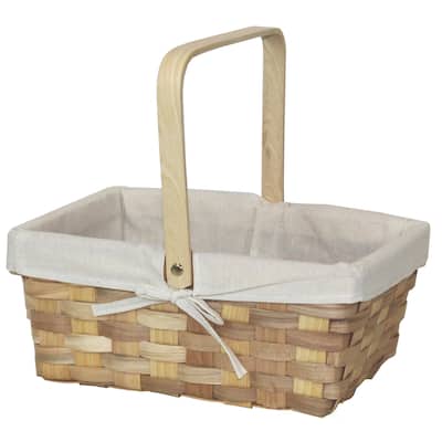 12 Inch Rectangular Woodchip Picnic Basket Lined with White Fabric