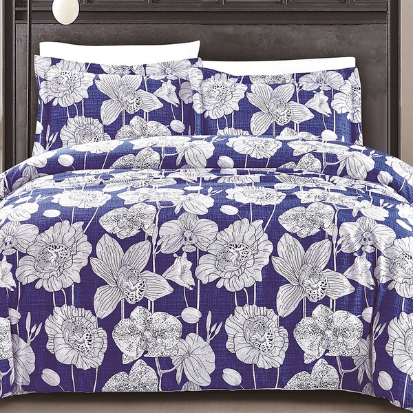 Exotica 100 Percent Cotton Deep Blue 3 Piece Duvet Set
