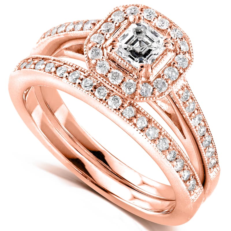 Annello by Kobelli 14k Rose Gold 5/8ct TDW Asscher Diamond Halo Bridal Set