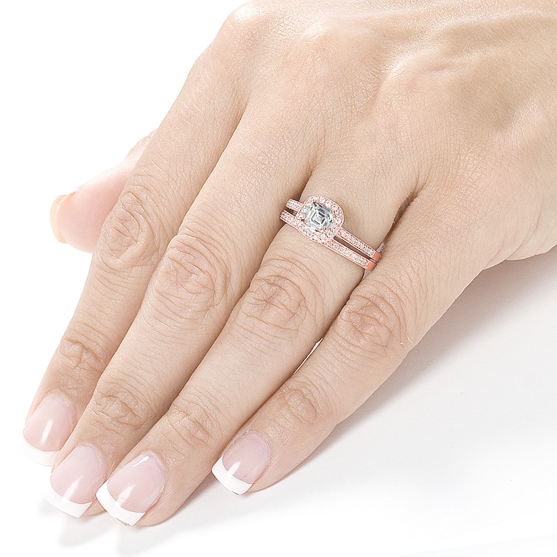 Annello by Kobelli 14k Rose Gold 5/8ct TDW Asscher Diamond Halo Bridal Set