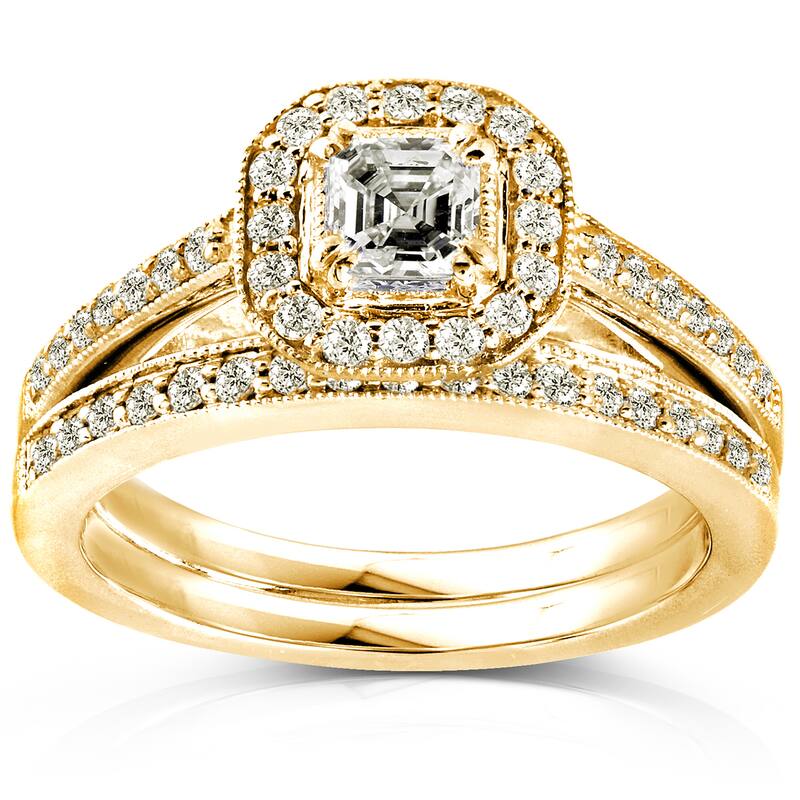 Annello by Kobelli 14k Yellow Gold 5/8ct TDW Asscher Diamond Halo Bridal Set