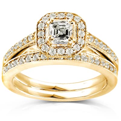 Annello by Kobelli 14k Yellow Gold 5/8ct TDW Asscher Diamond Halo Bridal Set