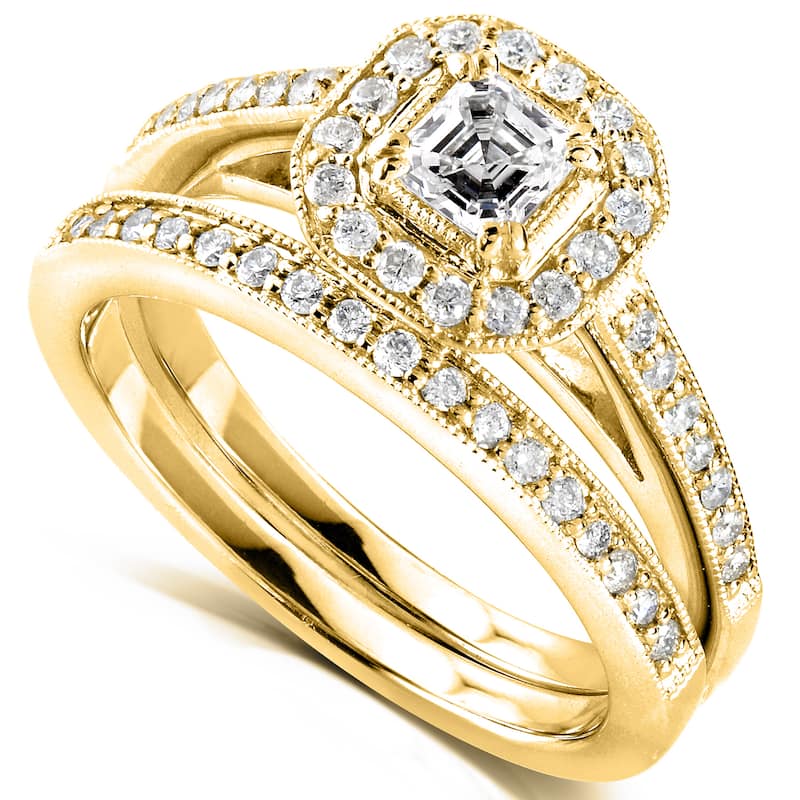 Annello by Kobelli 14k Yellow Gold 5/8ct TDW Asscher Diamond Halo Bridal Set