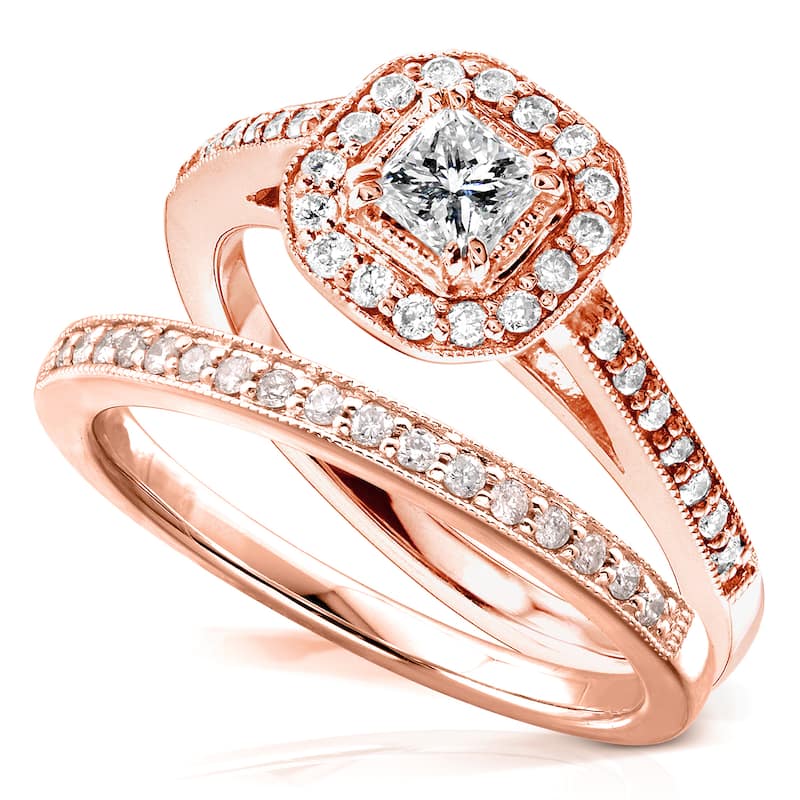 Annello by Kobelli 14k Rose Gold 5/8ct TDW Princess Diamond Halo Bridal Set