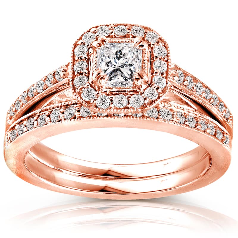 Annello by Kobelli 14k Rose Gold 5/8ct TDW Princess Diamond Halo Bridal Set