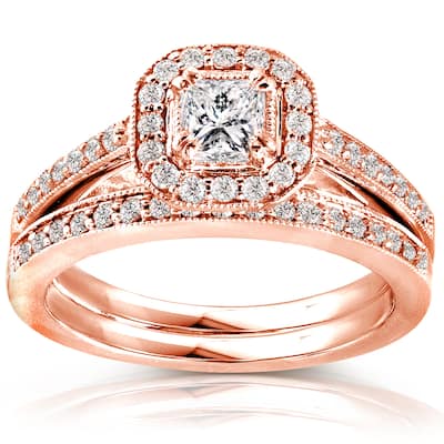 Annello by Kobelli 14k Rose Gold 5/8ct TDW Princess Diamond Halo Bridal Set