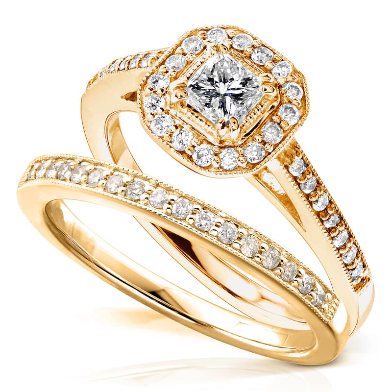 Annello by Kobelli 14k Yellow Gold 5/8ct TDW Princess Diamond Halo Bridal Set