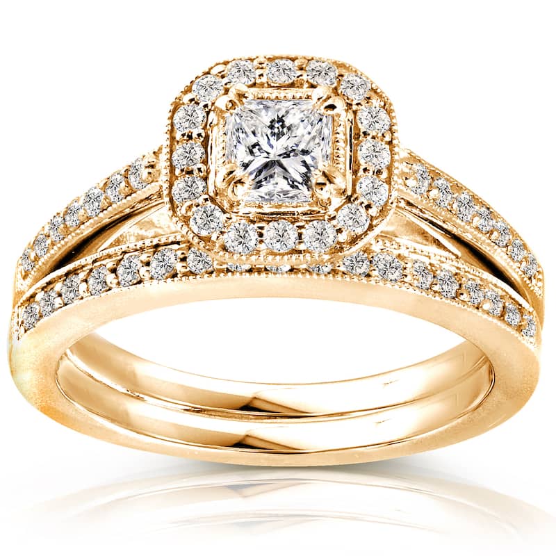 Annello by Kobelli 14k Yellow Gold 5/8ct TDW Princess Diamond Halo Bridal Set