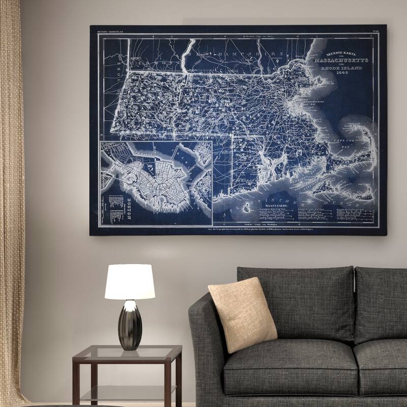 Massachusetts Sketch MapBlue - Premium Gallery Wrapped Canvas - Bed ...