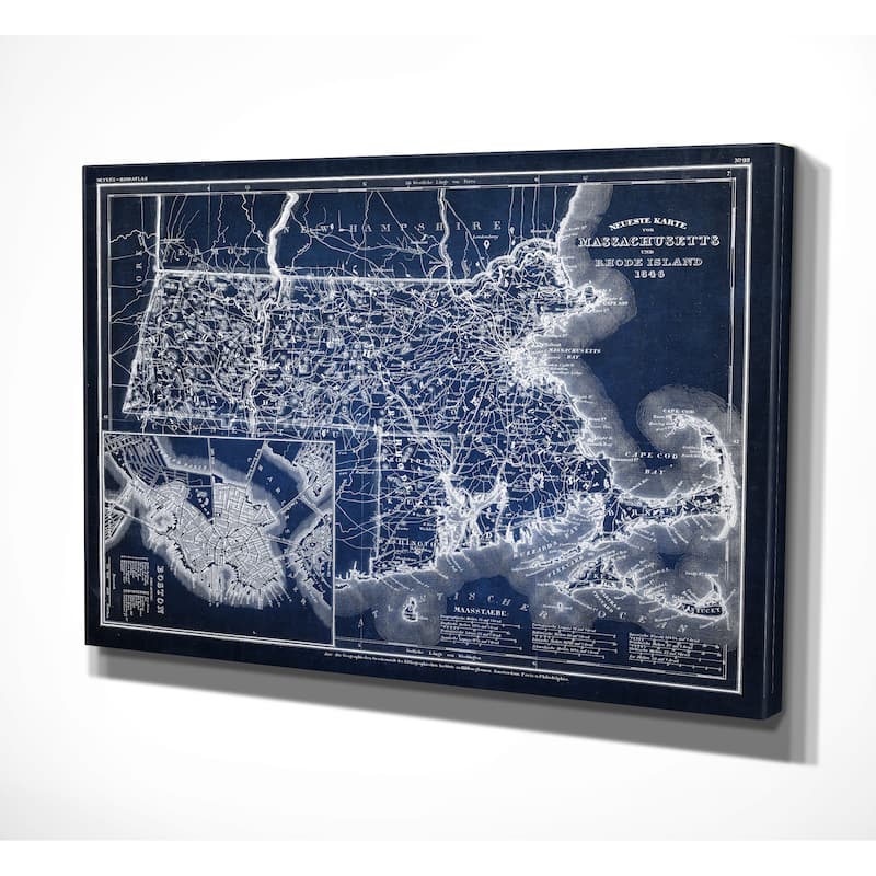 Massachusetts Sketch MapBlue - Premium Gallery Wrapped Canvas - Bed ...