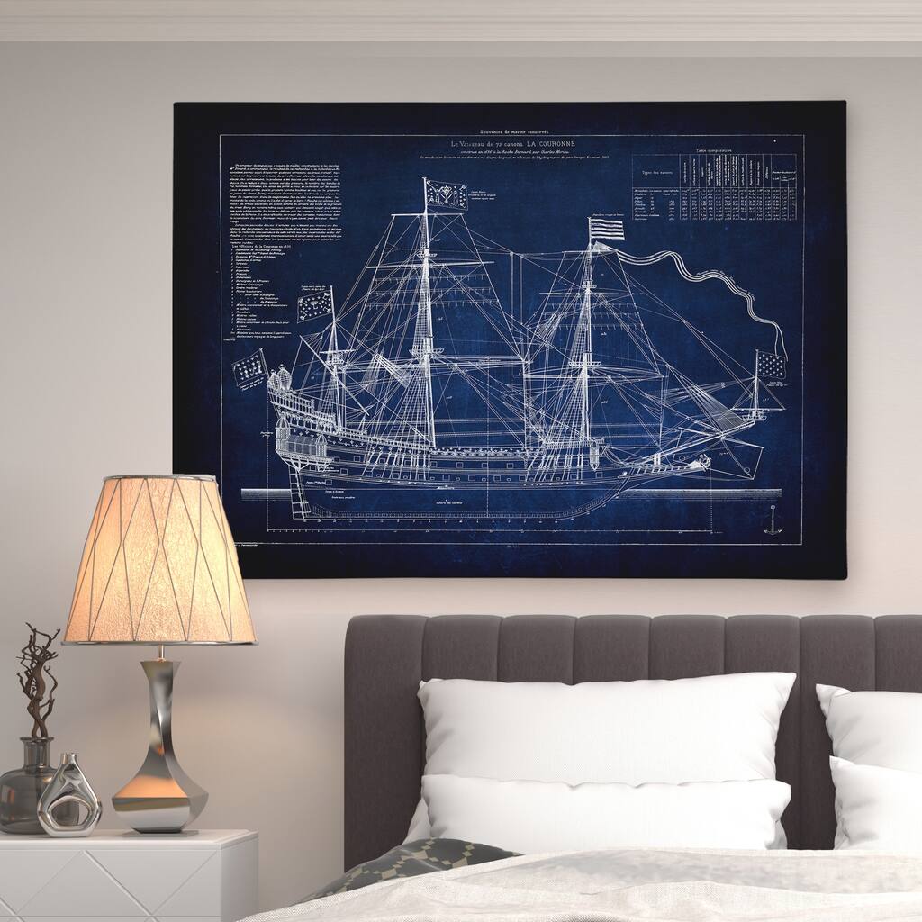 Vintage Sailing Ship Blue Sketch - Premium Gallery Wrapped Canvas