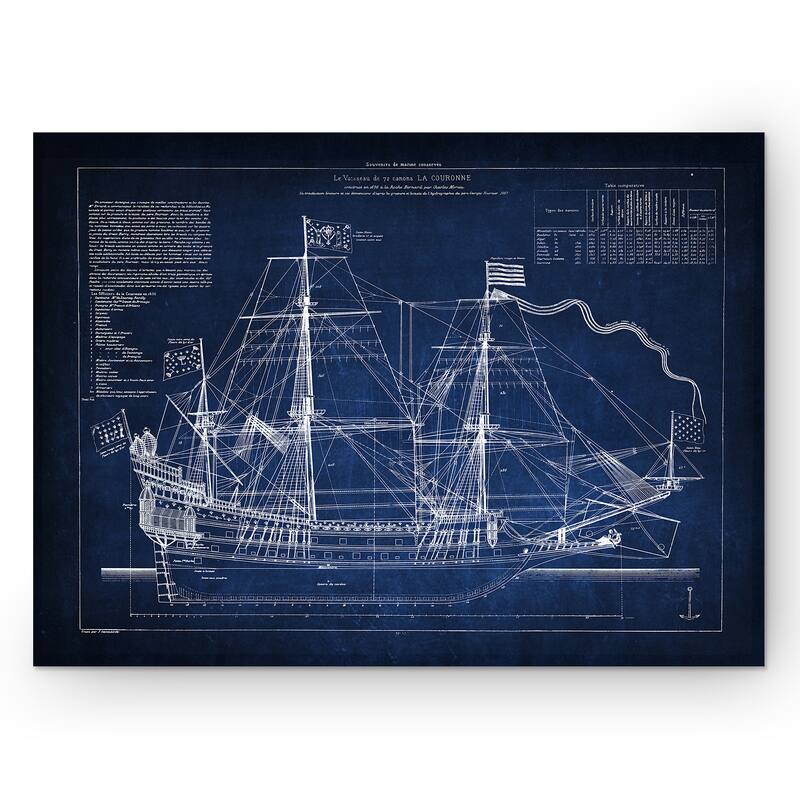 Vintage Sailing Ship Blue Sketch - Premium Gallery Wrapped Canvas