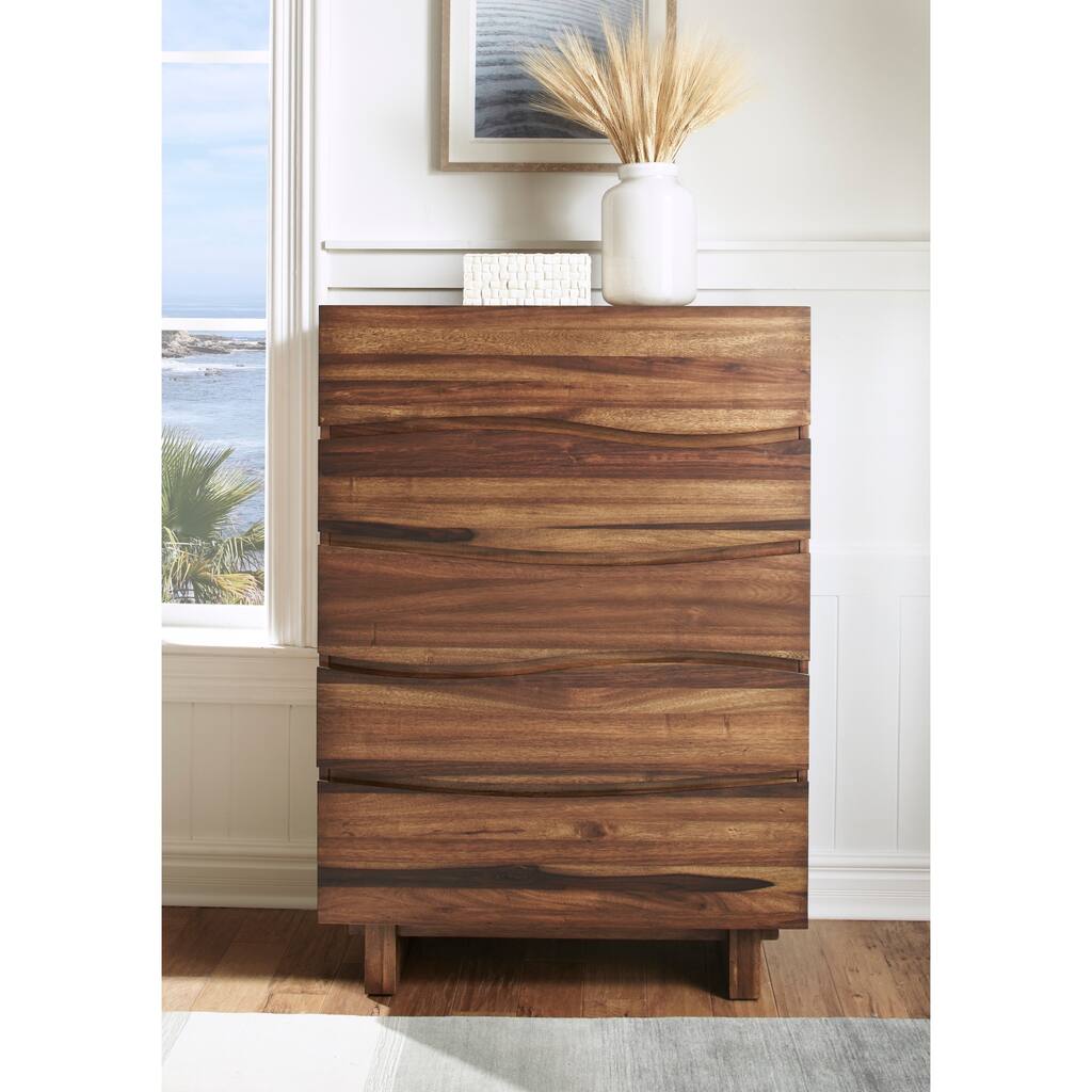 Ocean Natural Sengon Five Drawer Solid Wood Chest