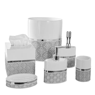 Creative Scents Mirror Damask White and Gray Bathroom Accessories Set of 6