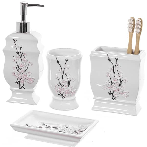 Home Basics 4 Piece Ceramic Luxury Bath Accessory Set with Stunning Sequin Accents - White