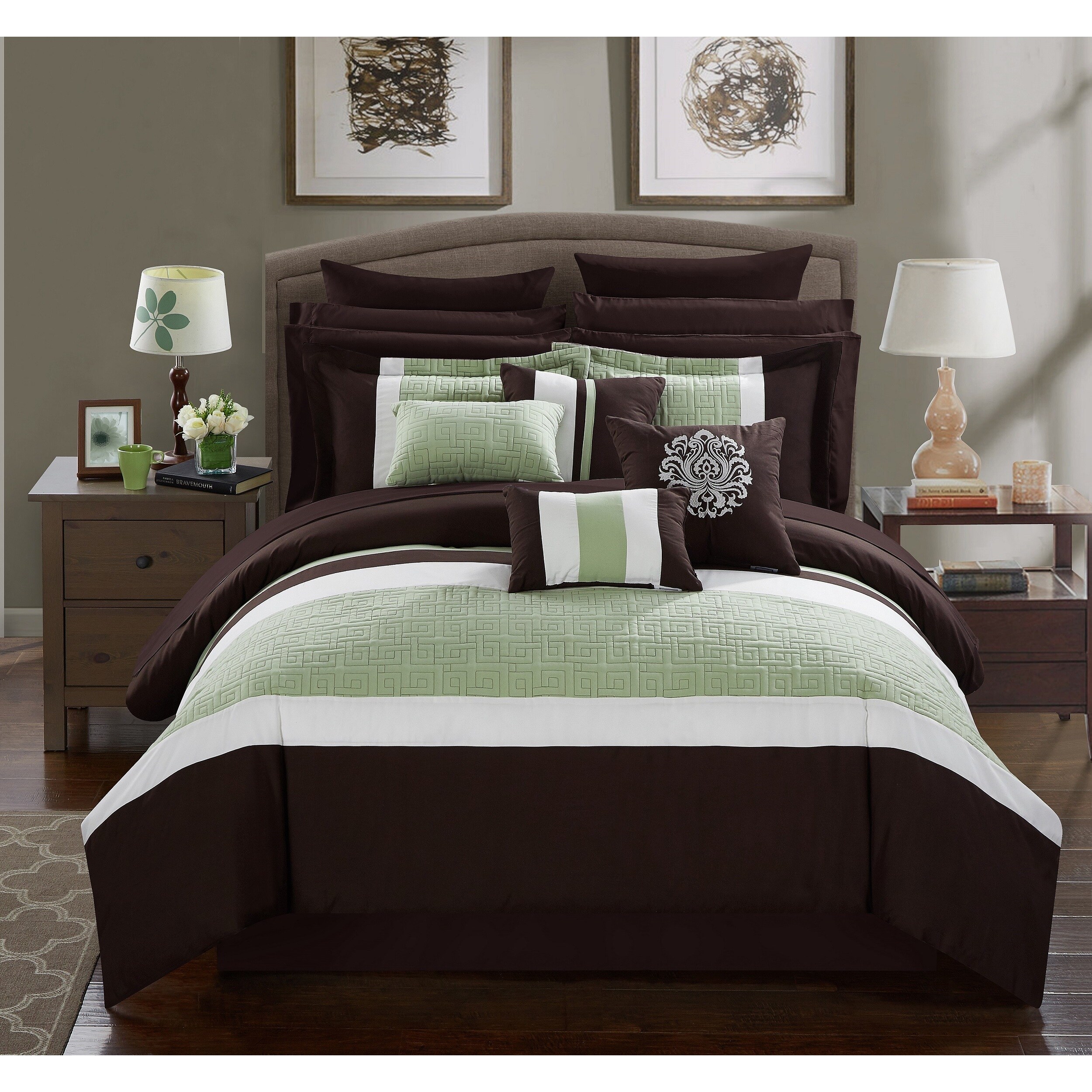 green and brown bedroom