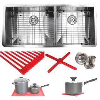 42-inch Stainless Steel Double Bowl 60/40 Zero Radius 16 Gauge Undermount Kitchen Sink Complete Combo Accessories