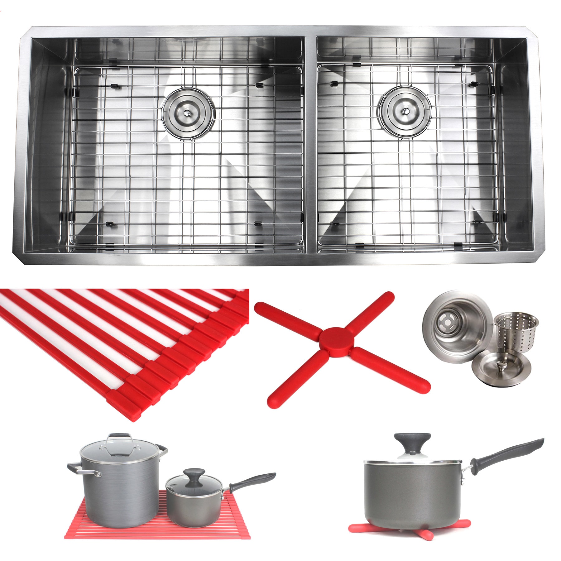 42-inch Stainless Steel Double Bowl 60/40 Zero Radius 16 Gauge Undermount Kitchen Sink Complete Combo Accessories - Silver