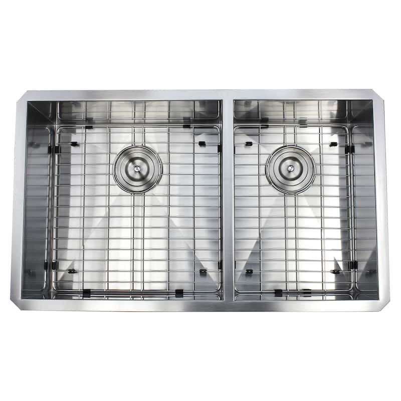 32-inch Stainless Steel Double Bowl 60/40 Zero Radius 16 Gauge Undermount Kitchen Sink Complete Combo Accessories