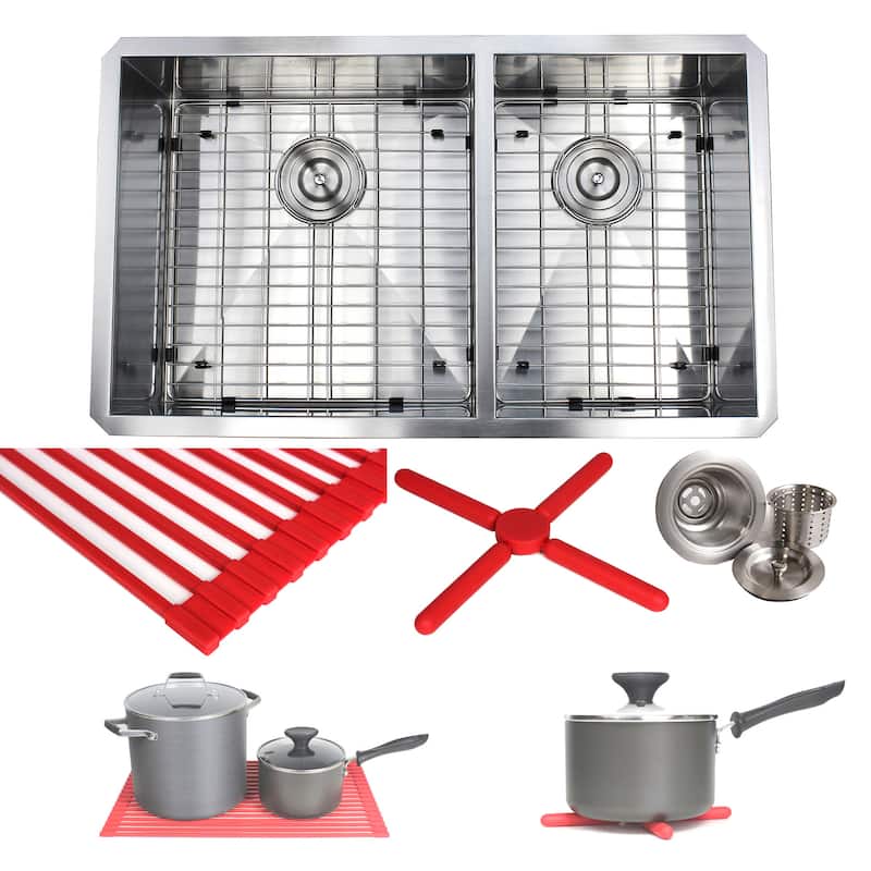 32-inch Stainless Steel Double Bowl 60/40 Zero Radius 16 Gauge Undermount Kitchen Sink Complete Combo Accessories