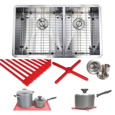 32-inch Stainless Steel Double Bowl 60/40 Zero Radius 16 Gauge Undermount Kitchen Sink Complete Combo Accessories